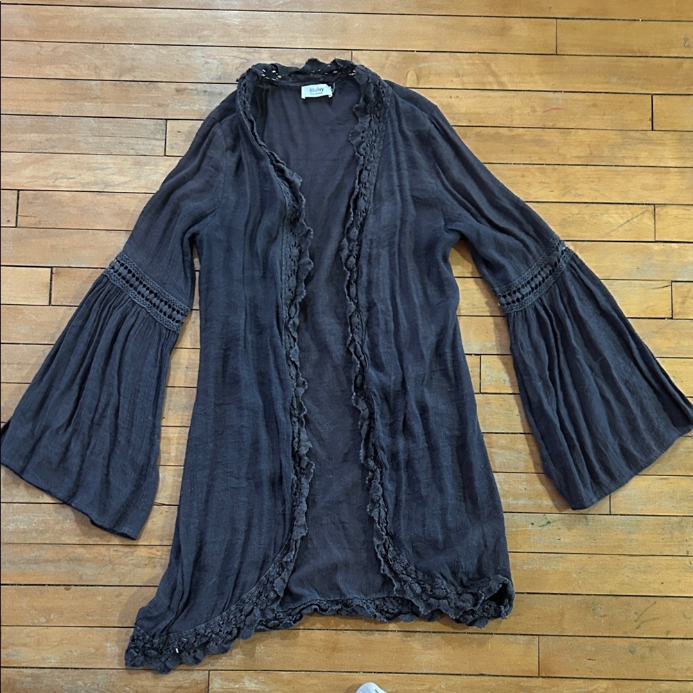 EUC Bluivy Charcoal Lace-Trim Kimono Duster Cardigan